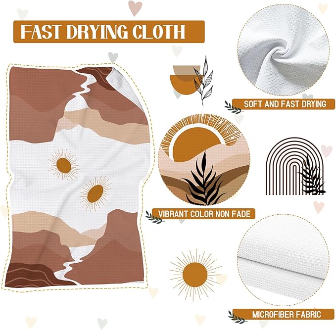 Boho Kitchen Dish Towels 4 Pack Mountains Rivers Sun Absorbent Decorative Tea Towels