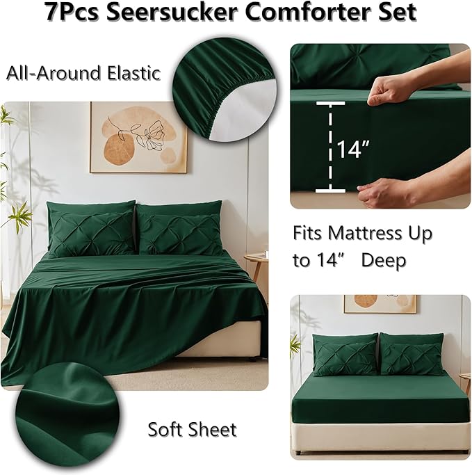 CozyLux California King Comforter Set Emerald Green - 7 Pieces Cal King Pintuck Bed in A Bag Gift for Family, Pinch Pleat Bedding Sets with All Season Comforter, Sheets, Pillowcases & Shams