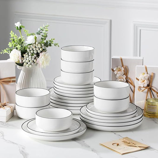 MALACASA Plates and Bowls Sets, 24 Pieces Modern Porcelain Dinnerware Set for 8 White Kitchen Dinner Dining Ware Set wtih Black Rim Ceramic Dishware Dishes Microwave and Dishwasher Safe, Series LUNA