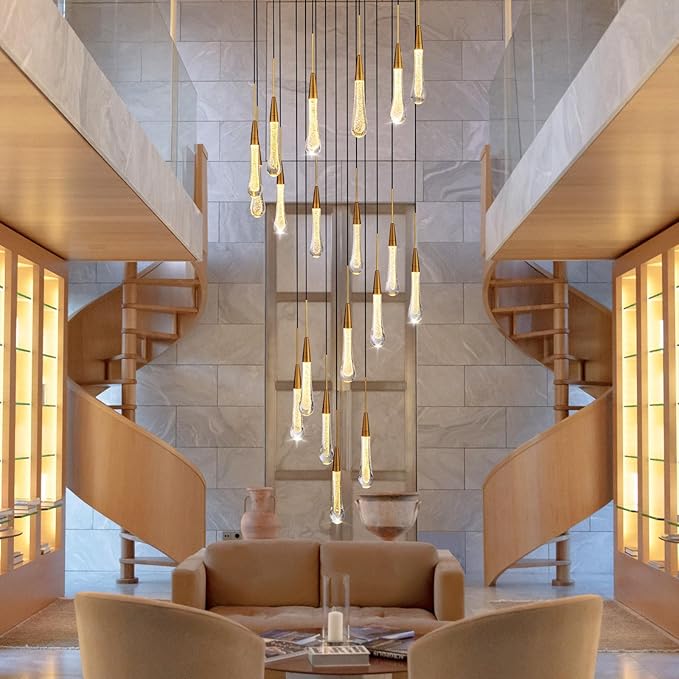 Large Raindrop Chandelier for Foyer, Entryway, 19-Light Gold Chandeliers for High Ceilings, Staircase, Luxury Long Big Hanging Light Fixtures with Glass, Brass Pendant Light Fixtures Living Room