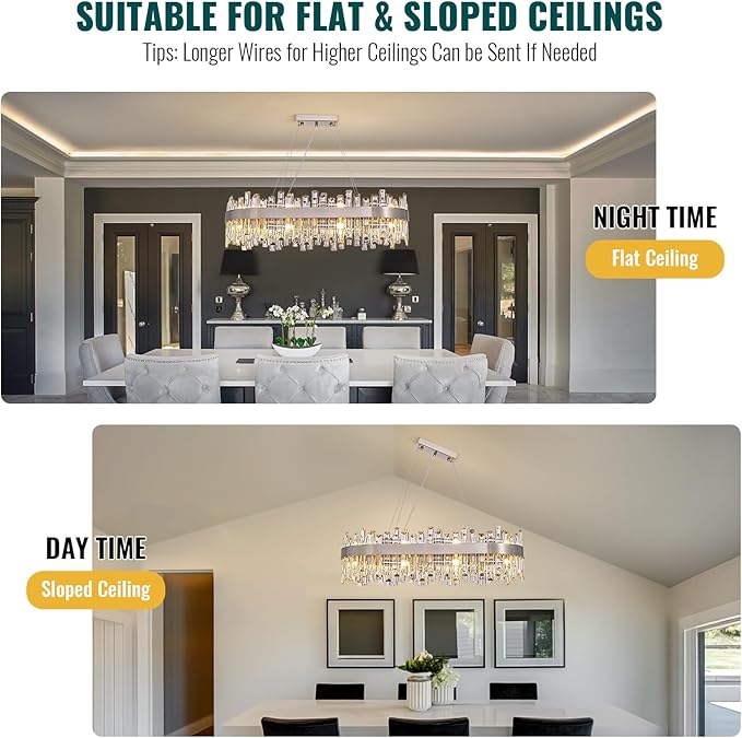 Siljoy 16-Light Modern Crystal Chandelier, Luxury Rectangular 2-Tier Crystal Raindrop Chandelier, Brushed Nickel Oval Pendant Ceiling Light Fixture for Dining Room Kitchen Island Bar L35.4''