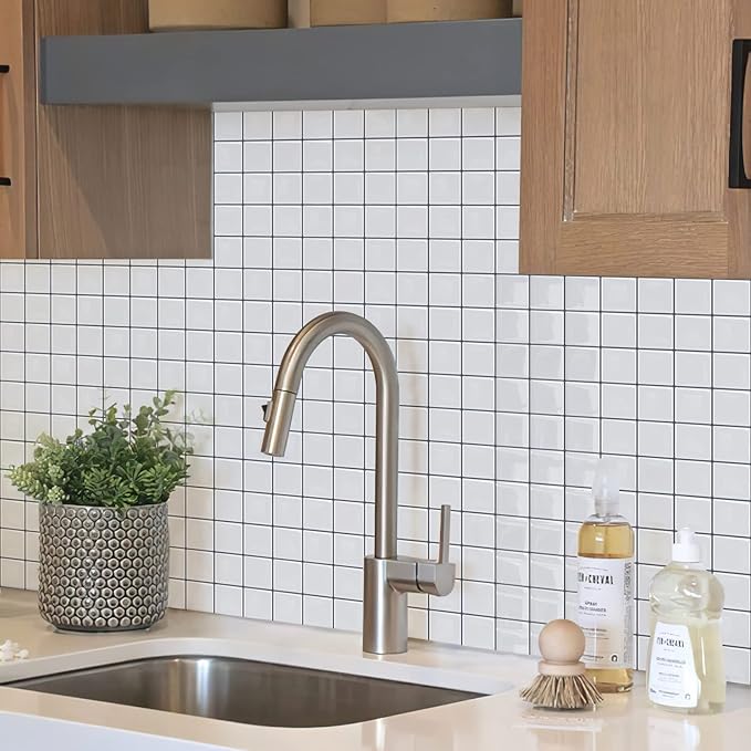 Alwayspon 10 Sheets 10"x10" White 3D Vinyl Backsplash Tiles, Self-Adhesive Peel and Stick Wall Tile Stickers Stick on Subway Tiles for Kitchen Bathroom Wall