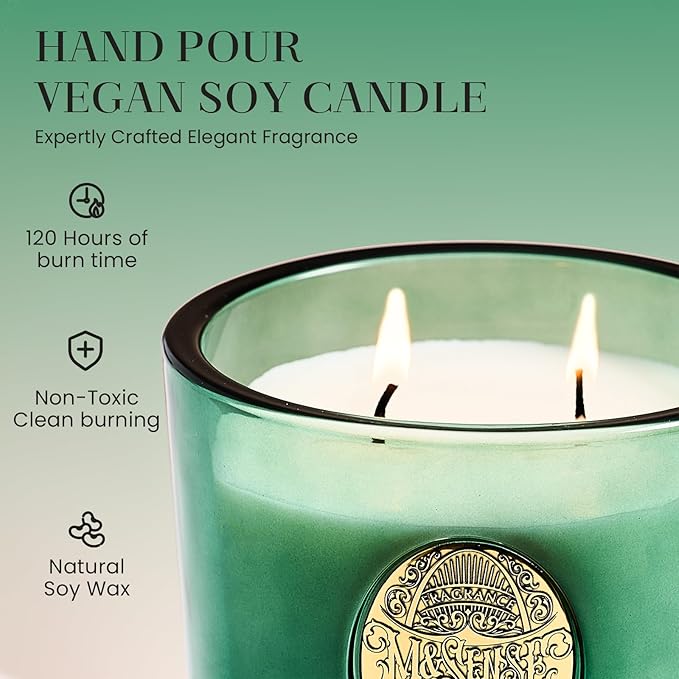 M&SENSE Large Two-Wick Soy Candle | Eucalyptus Cedarwood& Emerald Green | 19.8 oz, 120H Burn Time | Luxury Scented Candle for Relaxation, Gifting, Home Décor | Ideal for Bedroom, Office