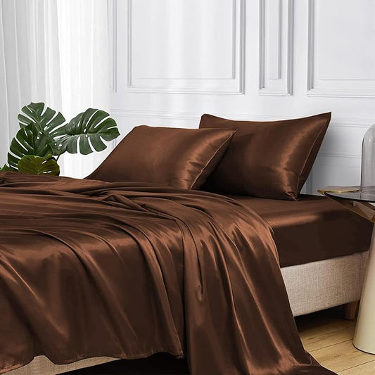 MR&HM Satin Bed Sheets, Queen Size Sheets Set, 4 Pcs Silky Bedding Set with 15 Inches Deep Pocket for Mattress (Queen, Brown)