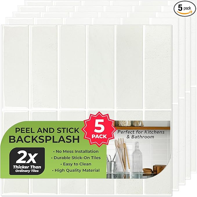 5 Pack Peel and Stick Backsplash Subway Tiles, Extra Thick 3D Wall Panels, Heat & Water Resistant, Easy DIY Kitchen, Bathroom, Laundry, Fireplace & Rental Home Wall Décor (12 x 12 in), Stone White