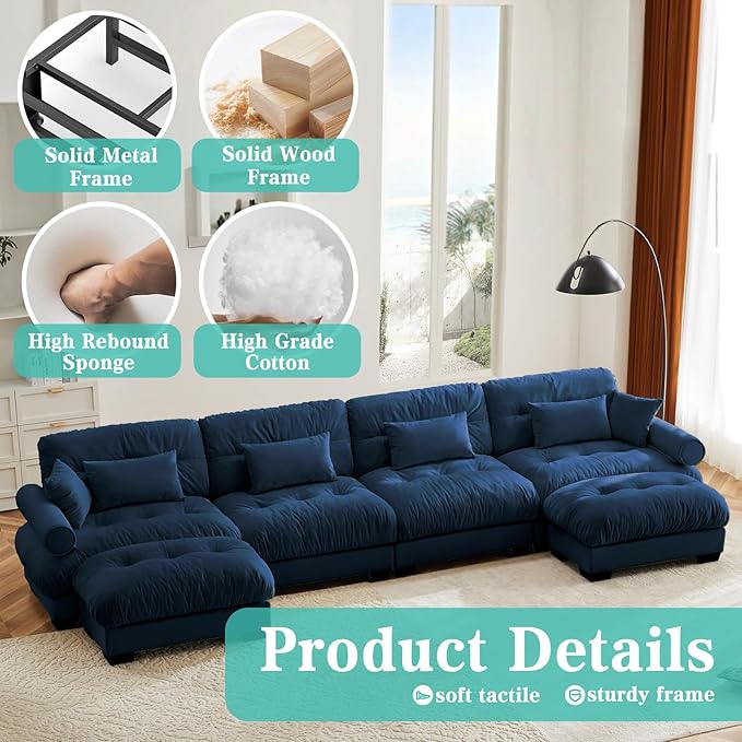 SoarFlash Sectional Sofa Couch, U Shaped Modern Modular Sofa with Solid Wood Legs, Couches Sofas for Living Room Apartment, Comfortable Couches, Blue