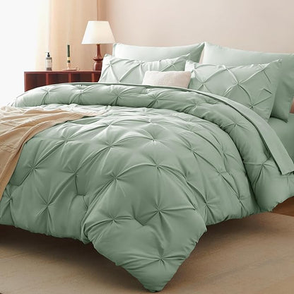 CozyLux Twin Comforter Set with Sheets Sage Green, 5 Pieces Pintuck Bed in A Bag, Twin Bed Set Gift for Family, Pinch Pleat Bedding Set with Comforter, Sheets, Pillowcase & Sham