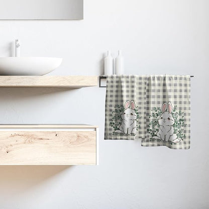 Easter Rabbit Hand Towels Decorative Eucalyptus Leaf Buffalo Plaid Holiday Soft Absorbent Kitchen 14x28