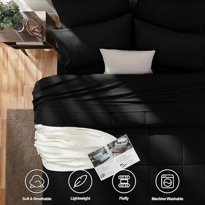 CozyLux Queen Comforter Set Black, 7 Pieces Bed in a Bag, Black Comforter Queen Size, All Season Bedding Sets with Stitch Quilted Comforter, Flat Sheet, Fitted Sheet, Pillowcases