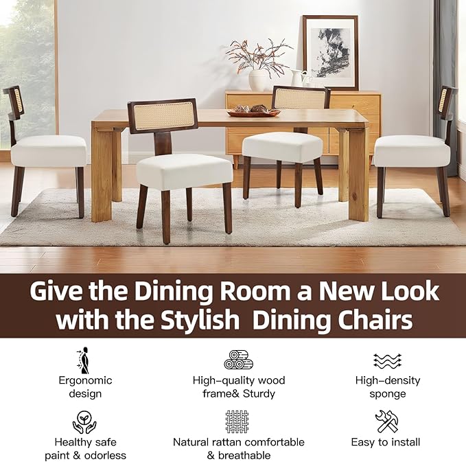 Upholstered Rattan Dining Chairs Set of 4, Mid-Century Modern Fabric Dining Room Chair with Brown Hardwood Frame, Curved Backrest Kitchen Chairs for Living Room (Cream)