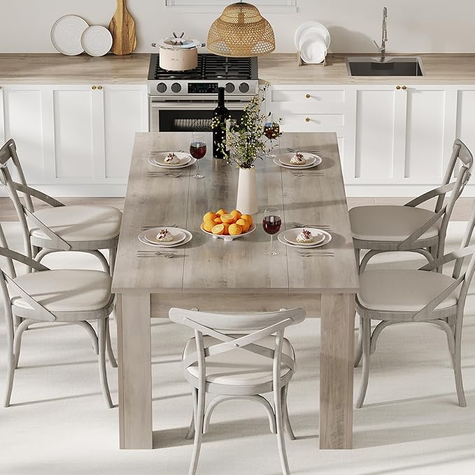 CABIHOME 71" Long Dining Table for 6-8, Large Farmhouse Rectangular Kitchen Dining Room Table, Wooden, Thick Frame & Sturdy Triangular Legs, Wood Strip Base for Dinner, Kitchen, Office, Rustic Gray
