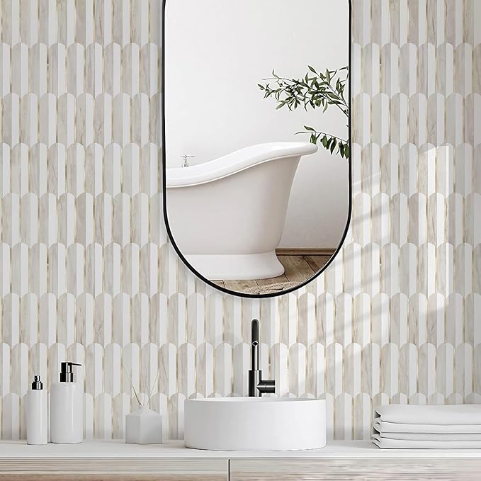 Vamos Tile Peel and Stick Backsplash Seamless Tile for Kitchen and Bathroom,White and Glossy Wooden Marble PVC Mixed Light Gold Self Adhesive Fish Scale Metal Mosaic Tiles (10 Sheets)