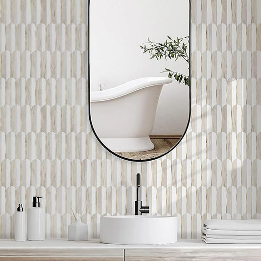 Vamos Tile Peel and Stick Backsplash Seamless Tile for Kitchen and Bathroom,White and Glossy Wooden Marble PVC Mixed Light Gold Self Adhesive Fish Scale Metal Mosaic Tiles (10 Sheets)