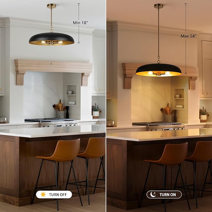 LamQee 20 Inch Oversized Large Pendant Lights, 3-Lights Black and Gold Modern Dome Chandelier, Industrial Metal Pendant Lighting Fixture Ceiling Hanging for Kitchen Island, Dining Room Over Table, Bar