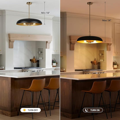 LamQee 20 Inch Oversized Large Pendant Lights, 3-Lights Black and Gold Modern Dome Chandelier, Industrial Metal Pendant Lighting Fixture Ceiling Hanging for Kitchen Island, Dining Room Over Table, Bar