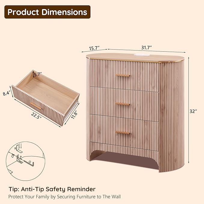 Fluted 3 Drawers Nightstand with Charging Station,31.7" W Bedside Table with Curved Profile Design,End Table Storage with USB Ports for Bedroom,Living Room,Gold Metal Handle,Light Oak