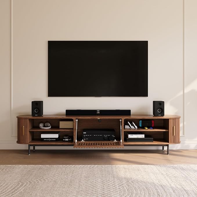 POVISON Fully-Assembled Mid Century Modern TV Stand for 75+ inch TV, Sliding Door Entertainment Center with Storage, Wood TV Console, Media Console for Living Room Bedroom(Walnut, 94.49")