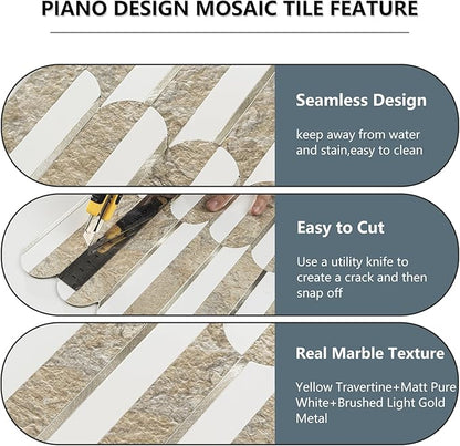 Vamos Tile Peel and Stick Backsplash Seamless Tile,10 Sheets Stick on Backsplash for Kitchen& Bathroom,Honey Travertine+Matt Pure White Marble Look+Light Gold Metal Self Adhesive Backsplash Tile