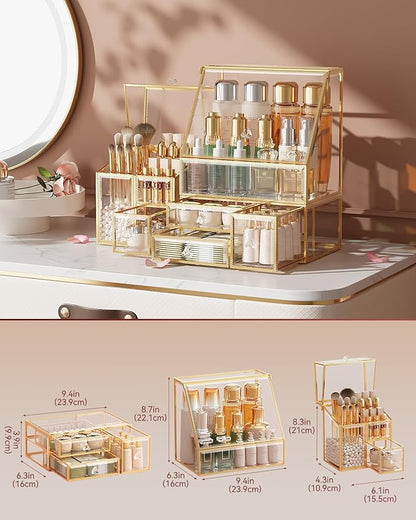 Clear Makeup Organizer with Gold Frame – Countertop Vanity Organizer for Skincare, Lipsticks, Perfume & Brushes – Bathroom Cosmetic Storage Display Box