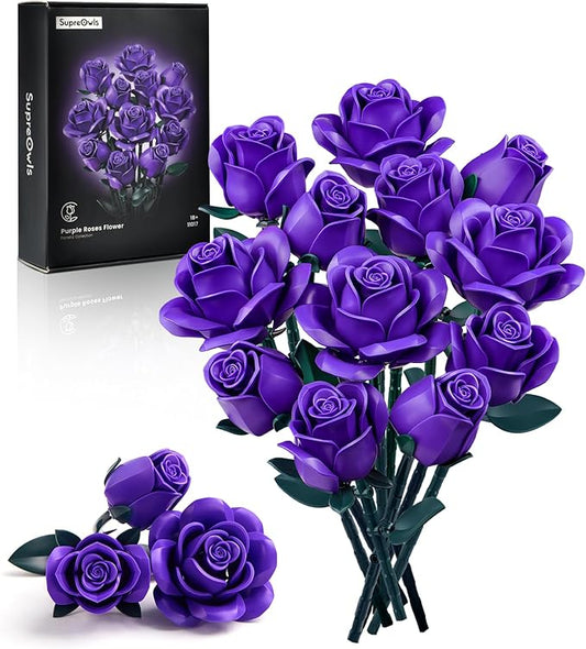 iATOM Purple Rose Bouquet Building Set, Compatible with Lego Flowers for Adults Women, Botanical Collection Gift for Halloween & Valentines Day - Artificial Plant Gothic Home Decor - IA11017