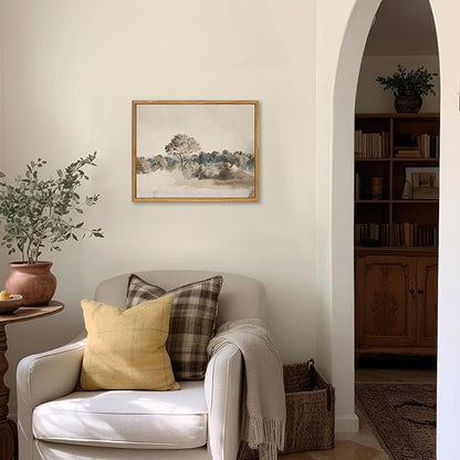 KBKBART Framed Vintage Neutral Wall Art Prints, Antique Rustic Muted Landscape Canvas Painting, Retro Countryside Nature Wilderness Illustrations Farmhouse Decor, Neutral Vintage Decor Ready To Hang