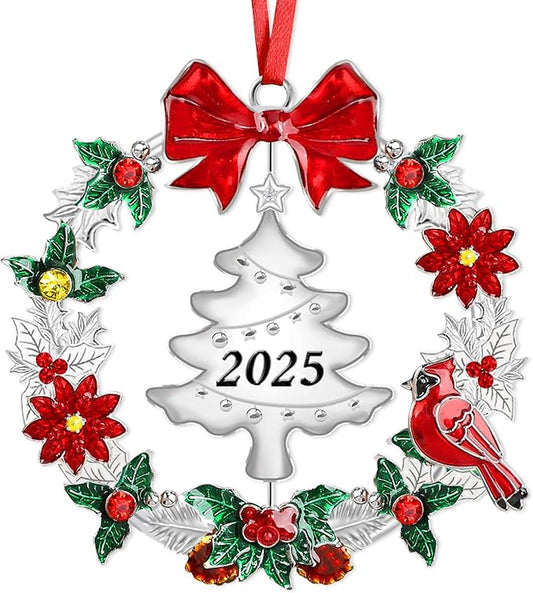 2025 Christmas Ornaments for Tree,Christmas Wreath Ornaments 2025 with Rotatable Tree for Christmas Tree Decorations Holiday Decorative Annual Keepsake Gift (Metal,Silver)