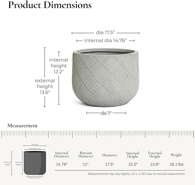 LuxenHome 17.5-Inch Dia Round Concrete Planters, Large Outdoor Indoor Decorative Plant Pots with Drainage Holes and Rubber Plug, Modern Gray Glen Woven Pattern Flower Pot Planter for Home Garden Patio