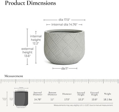 LuxenHome 17.5-Inch Dia Round Concrete Planters, Large Outdoor Indoor Decorative Plant Pots with Drainage Holes and Rubber Plug, Modern Gray Glen Woven Pattern Flower Pot Planter for Home Garden Patio