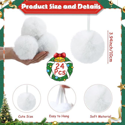 24 Pcs White Furry Christmas Ball Ornaments for Tree 3.94 Inches Large Pom Pom Ball Christmas Hanging Decoration for Party Supplies Fireplace Mantel Wall Decor