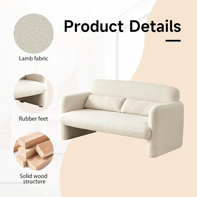 59.06'' Loveseat Sofa, 2 Seater Sherpa Fabric Love Seat Couch, Comfy Upholstered Modern Leisure Loveseat Couches with 2 Waist Pillow for Bedroom, Office, Living Room