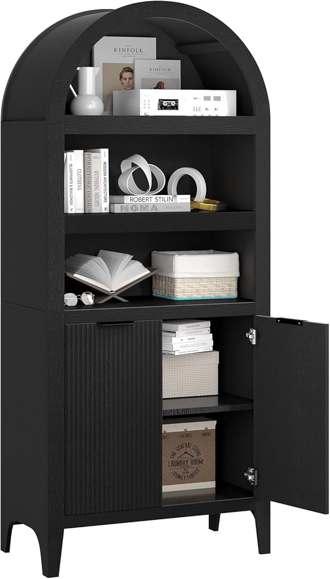 Arched Cabinet Bookshelf Black Arch Bookcase with Doors, Wooden Curved Book Case 5-Tier Tall Round Top Bookshelves for Living Room
