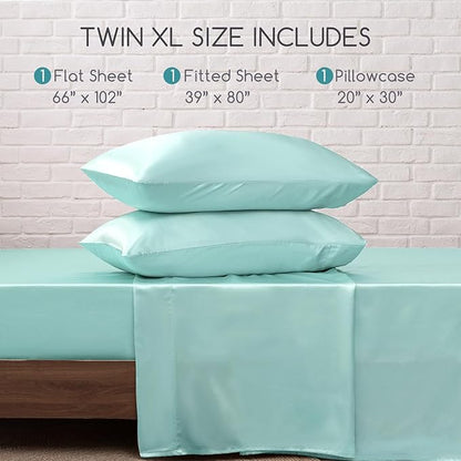 MR&HM Satin Bed Sheets, Twin XL Size Sheets Set, 3 Pcs Silky Bedding Set with 15 Inches Deep Pocket for Mattress (Twin XL, Turquoise)