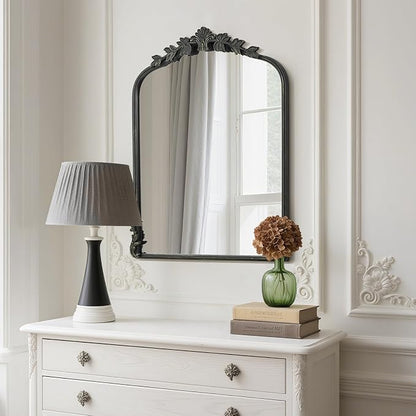 WallBeyond Black Antique Mirror for Vanity 22x30 Inch, Black Vintage Mirror with Ornate Frame, Arched Vintage Wall for Bathroom, Living Room, Fireplace