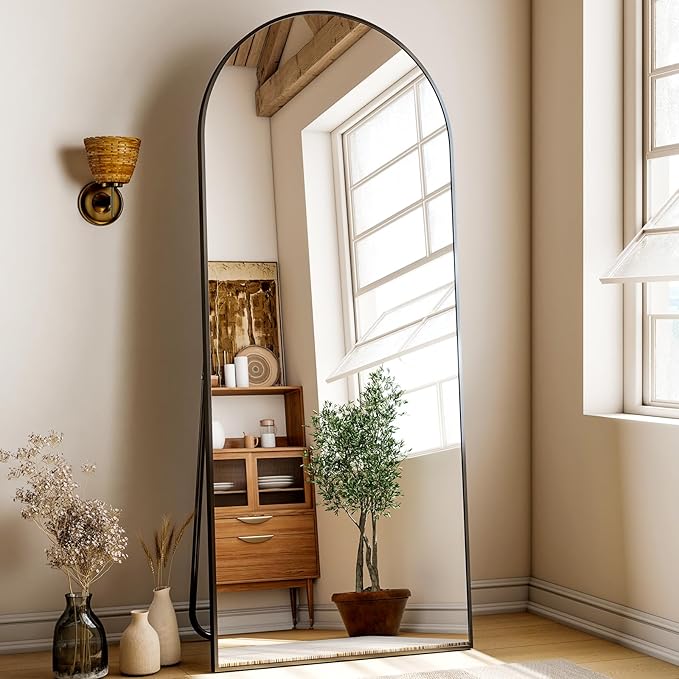 26''x 71'' Arched Full Length Mirror Floor Mirrors with Aluminum Alloy Frame Free-Standing Wall Mounted Floor Mirrors or Large Dressing Mirror, Black Mirror Full Length