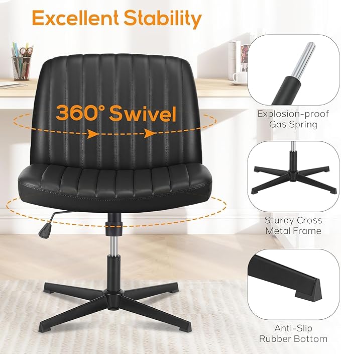 DUMOS Criss Cross Chair Legged Office Wide Comfy Desk Seat, No Wheels Armless Computer Task Seating, Swivel Vanity Home Height Adjustable