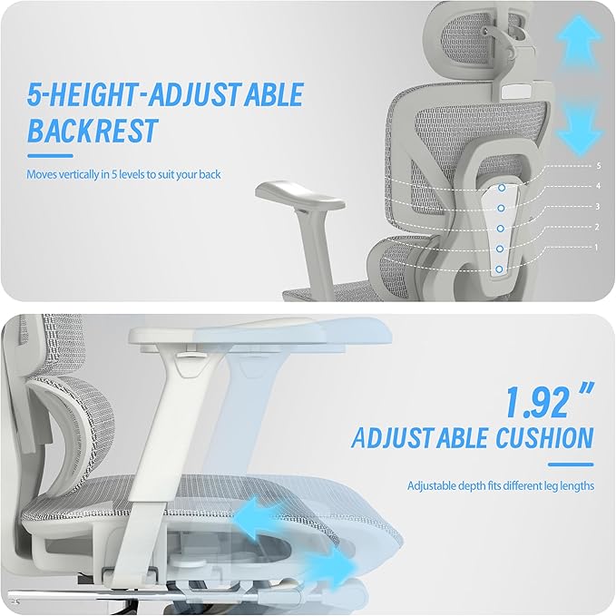 MOJAY High-Back Ergonomic Mesh Office Chair, Modern Executive Desk Chair with 6D Armrests Computer Task Chair (Grey Mesh 3-Zone Lumbar Support)
