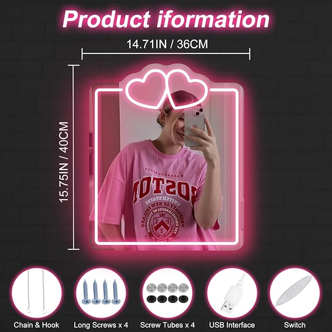 Heart Mirror Neon Sign, Beauty Salon Mirror Decor, Dorm Room, Valentine's Day Gifts,Gifts For Her, Vanity Wall Hallway Decor, Girls Room, Boho Mirror Wall Sign Art Gift