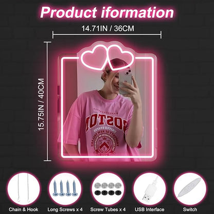 Heart Mirror Neon Sign, Beauty Salon Mirror Decor, Dorm Room, Valentine's Day Gifts,Gifts For Her, Vanity Wall Hallway Decor, Girls Room, Boho Mirror Wall Sign Art Gift