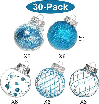 30 pcs 2.36 Inch Light Blue Clear Christmas Ball Ornaments Set Shatterproof Ball Decorations for Xmas Tree Delicate Stuffed Xmas Ornaments for Holiday Wedding Party Gift for Christmas Decor