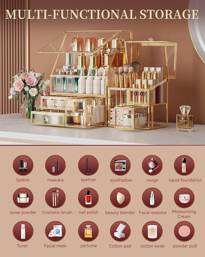 Clear Makeup Organizer with Gold Frame – Countertop Vanity Organizer for Skincare, Lipsticks, Perfume & Brushes – Bathroom Cosmetic Storage Display Box