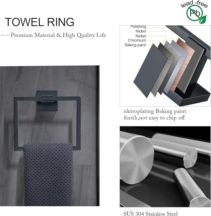 TNOMS Black Towel Bar Set 5-Piece Bathroom Hardware Set Including 23.6 Inch Towel Bar,Towel Ring Towel Hook and Toilet Paper Holder with Shelf,Stainless Steel Bathroom Accessories Set