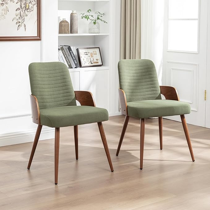 Dining Room Chairs Set of 4,Mid Century Modern Kitchen Chairs,Green Corduroy Fabric Upholstered Chairs,Metal Legs Wooden Desk Chairs,Armless and No Wheels for Kitchen Dining Room