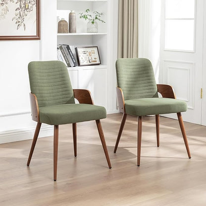 Dining Room Chairs Set of 2,Mid Century Modern Kitchen Chairs,Green Corduroy Fabric Upholstered Chairs,Metal Legs Wooden Desk Chairs,Armless and No Wheels for Kitchen Dining Room