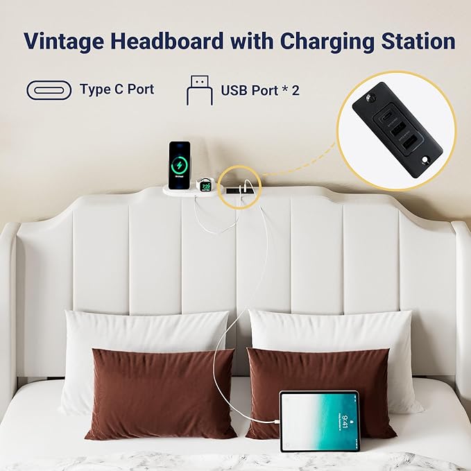 Allewie Vintage Queen Size Velvet Platform Bed Frame with Curved Vertical Tufted Wingback Headboard and Footboard, Charging Station, Easy Assembly, Under Bed Storage, No Box Spring Required, White