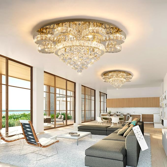 Modern Chandelier Living Room Glam Chandeliers Ceiling Light Fixture Remote Dimmable Lights 32 Inches Luxury Crystal Gold Light