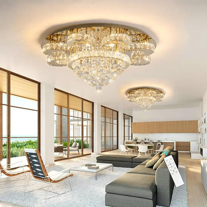 Modern Chandelier Living Room Glam Chandeliers Ceiling Light Fixture Remote Dimmable Lights 32 Inches Luxury Crystal Gold Light