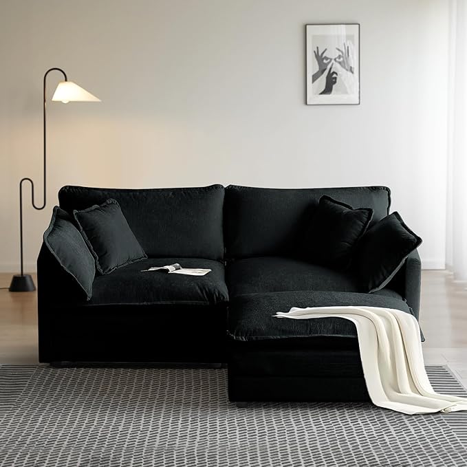 SoarFlash Chenille Sectional Sofa, Comfy L Shaped Modular Coush Sofa with Ottoman, Modern 2 Seat Couch Deep Seat Sofa Set for Living Room,Black