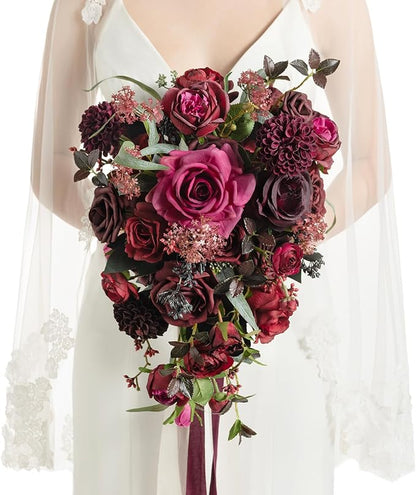 Ling's Moment Red Bridal Bouquet Cascading, Burgundy Wedding Bouquets for Bride, 13 Inch Bride Bouquets for Wedding Artificial Flowers Bouquets