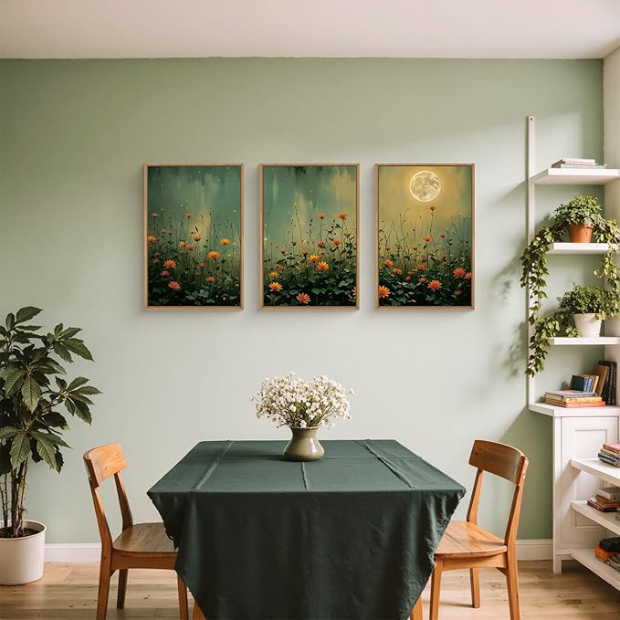 HOURIA Mystical Midnight Wildflower Framed Canvas Wall Art Set,Moonlit Orange Floral Wall Decor,Nature Inspired Landscape Artwork,Watercolor Art Prints for Living Room,Bedroom,Farmhouse-16 x24 x3