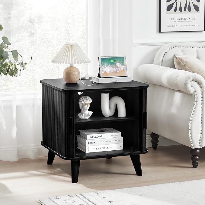 24 Inch Wood Nightstands Set of 2, Mid-Century Modern End Table with Charging Station 2AC+3USB, BedSide Table with Storage & Sliding Door (2XSquare, Black)
